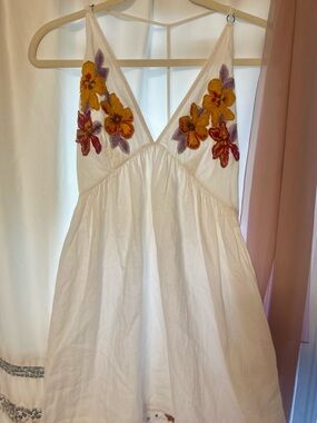 Free People White Spaghetti-Strap Dress with Orange & Purple Floral Embroidery